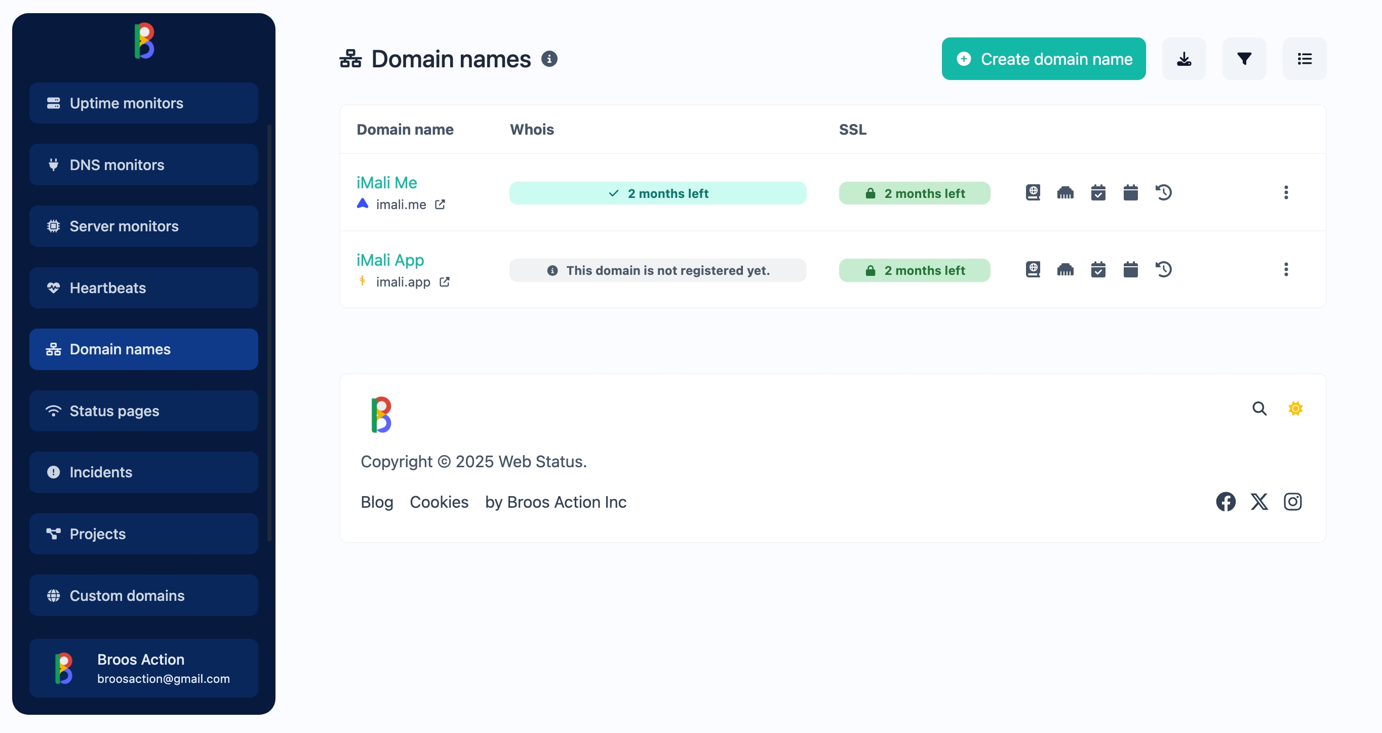 Screenshot of the app domain names list page